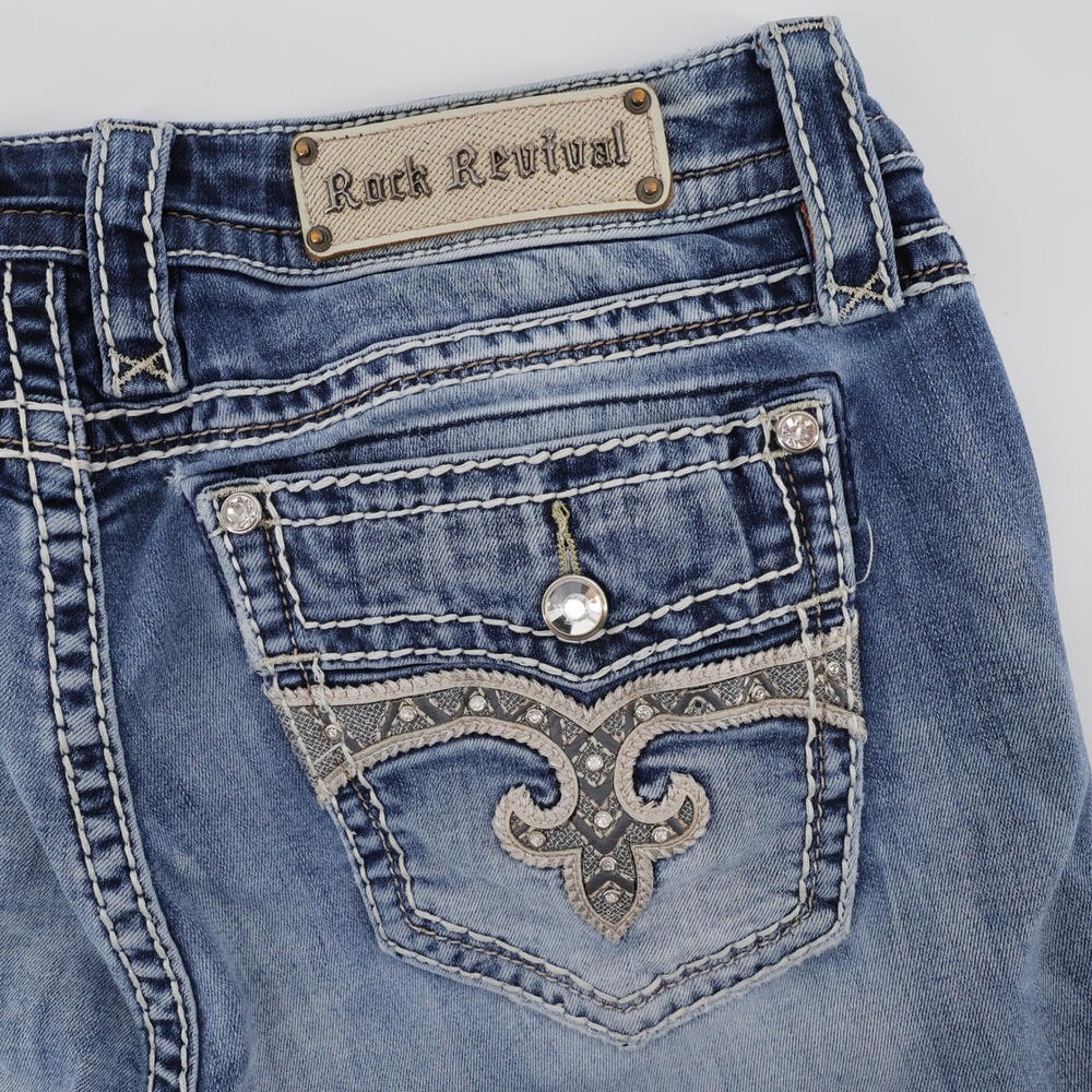 Rock Revival Audrina Mid-Rise Curvy Capri Blue Womens 32x24 Distressed